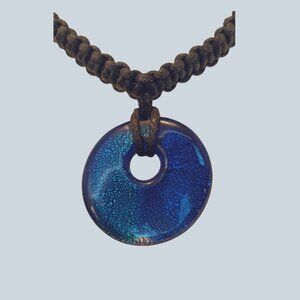 Necklace Round Glass Acrlic Washer Donut Shaped Pendant on Braided Leather-Like.
